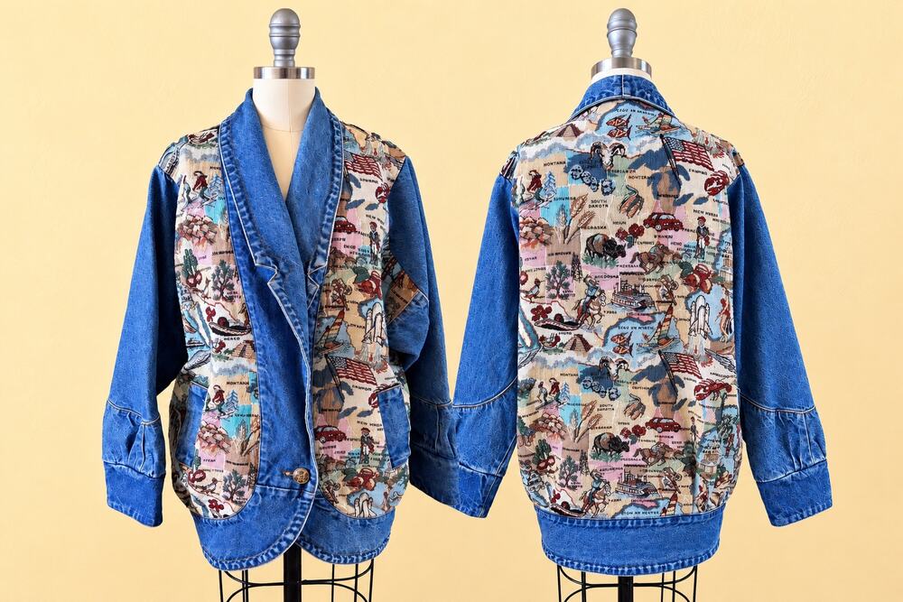 Vintage 90s Nadia Denim Tapestry Jacket M Americana Map USA Cotton Oversized